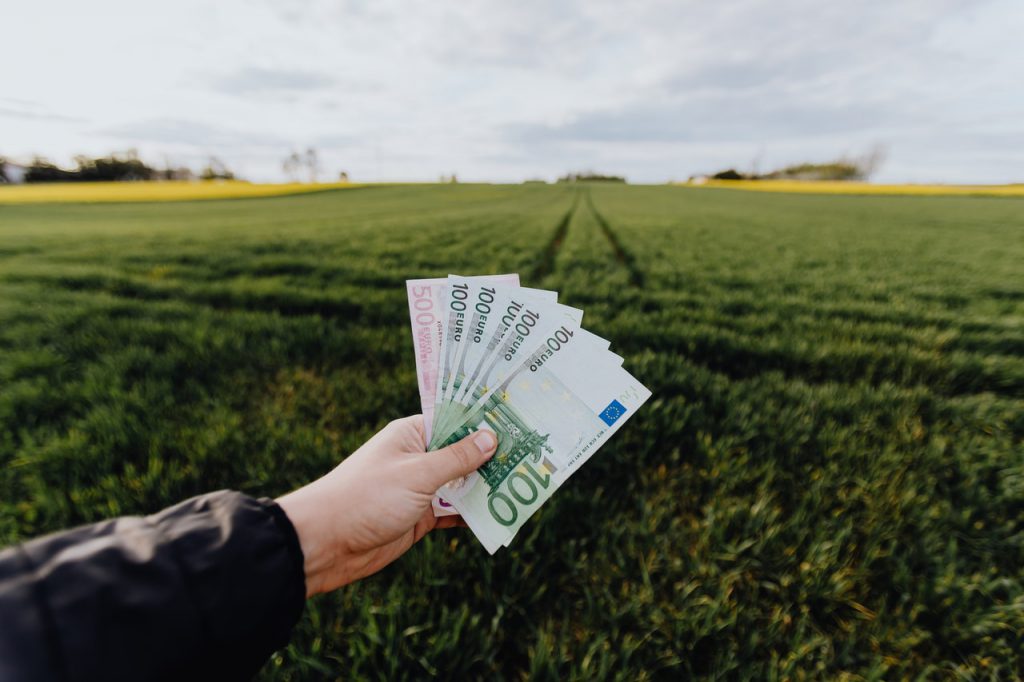Agri financing, A and holding money/cash notes infront of a green field