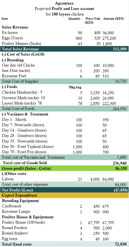 Estimated profits and cost for rearing 100 layers in Kenya
