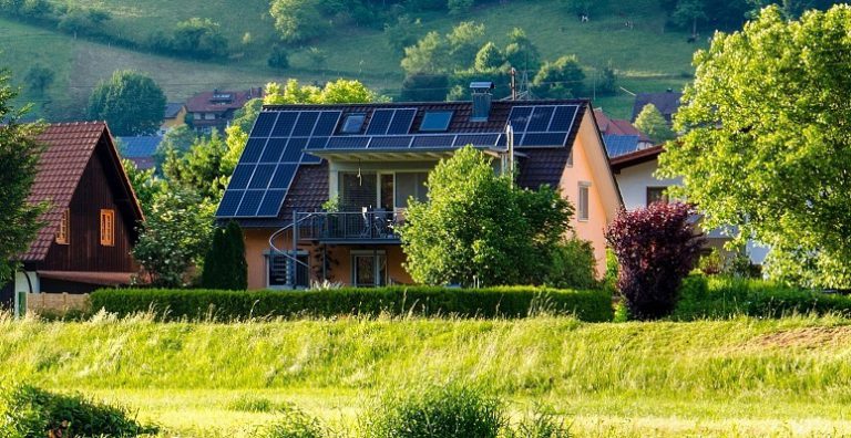 Roof covered with many solar panels