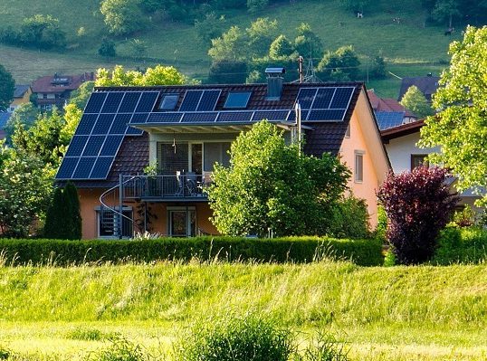 Roof covered with many solar panels