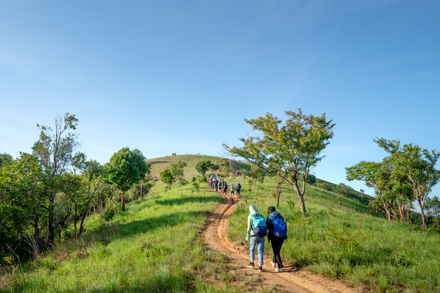 Backpackers in a countryside ranch