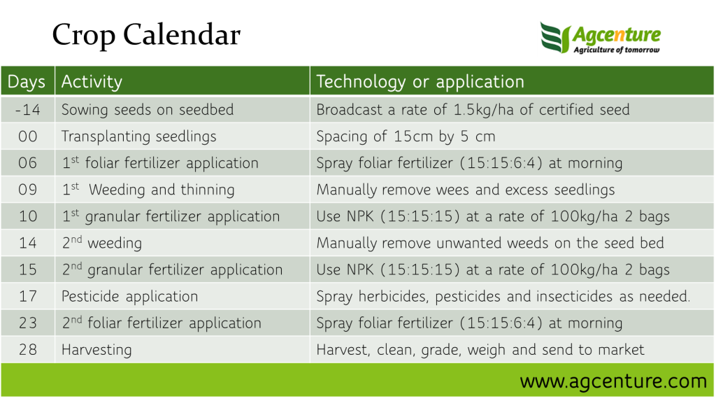 Crop Calendar showing time, activities and technology