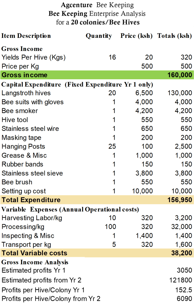 Gross margin analysis bee keeping in Kenya