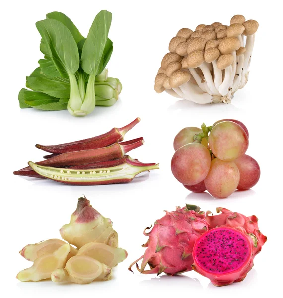 Bok choy,roselle, grapeginger, dragon fruit , mushrooms on white background —