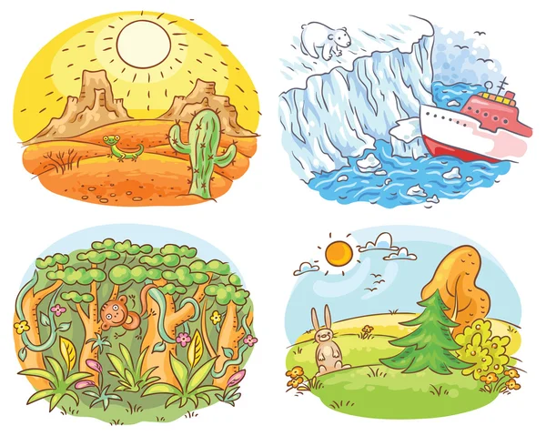 Set of four different climatic zones - desert, Arctic, jungle and moderate climate