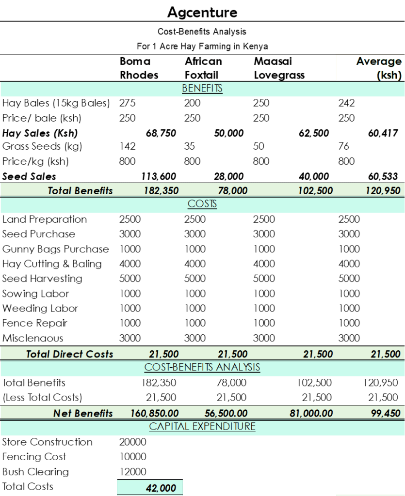 Hay farming  budget or gross margin analyis estimates using the cost benefits analysis